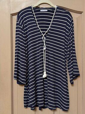 Robin Piccone Navy Stripe Cover Up Size Small | Rope Tie Neck Bell Sleeve